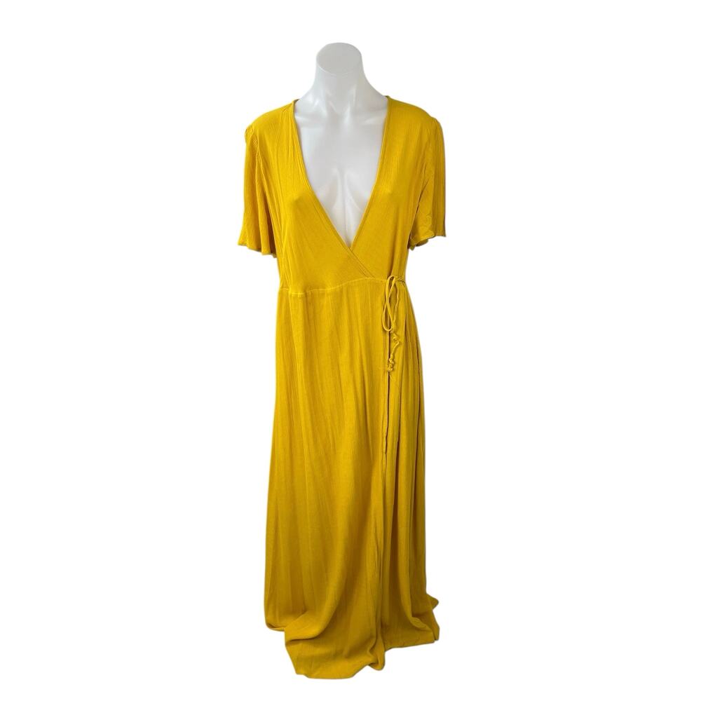 Lulus Much Obliged Women's Yellow Deep V Neck Short Sleeve Maxi Wrap Dress Sz L